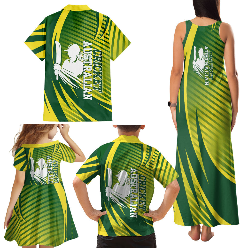 Australian Cricket Family Matching Tank Maxi Dress and Hawaiian Shirt Dynamic Stripe Graphic With Player Silhouette
