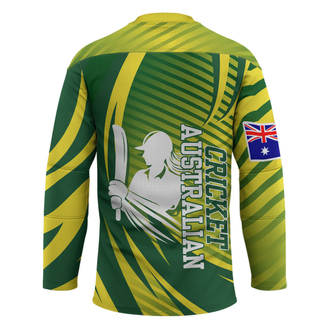 Australian Cricket Hockey Jersey Dynamic Stripe Graphic With Player Silhouette