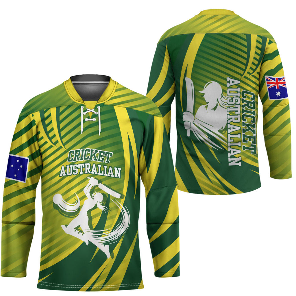 Australian Cricket Hockey Jersey Dynamic Stripe Graphic With Player Silhouette