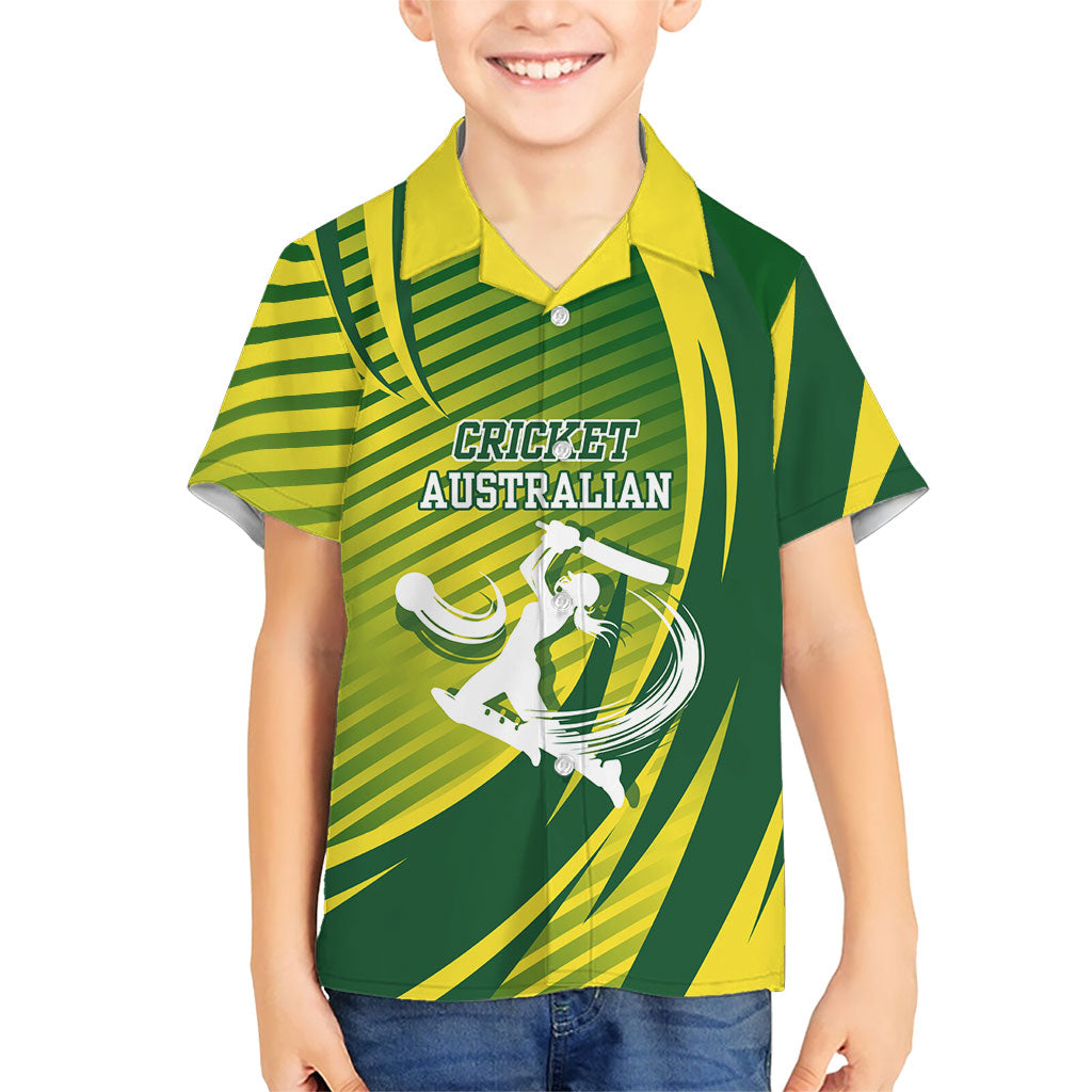 Australian Cricket Kid Hawaiian Shirt Dynamic Stripe Graphic With Player Silhouette