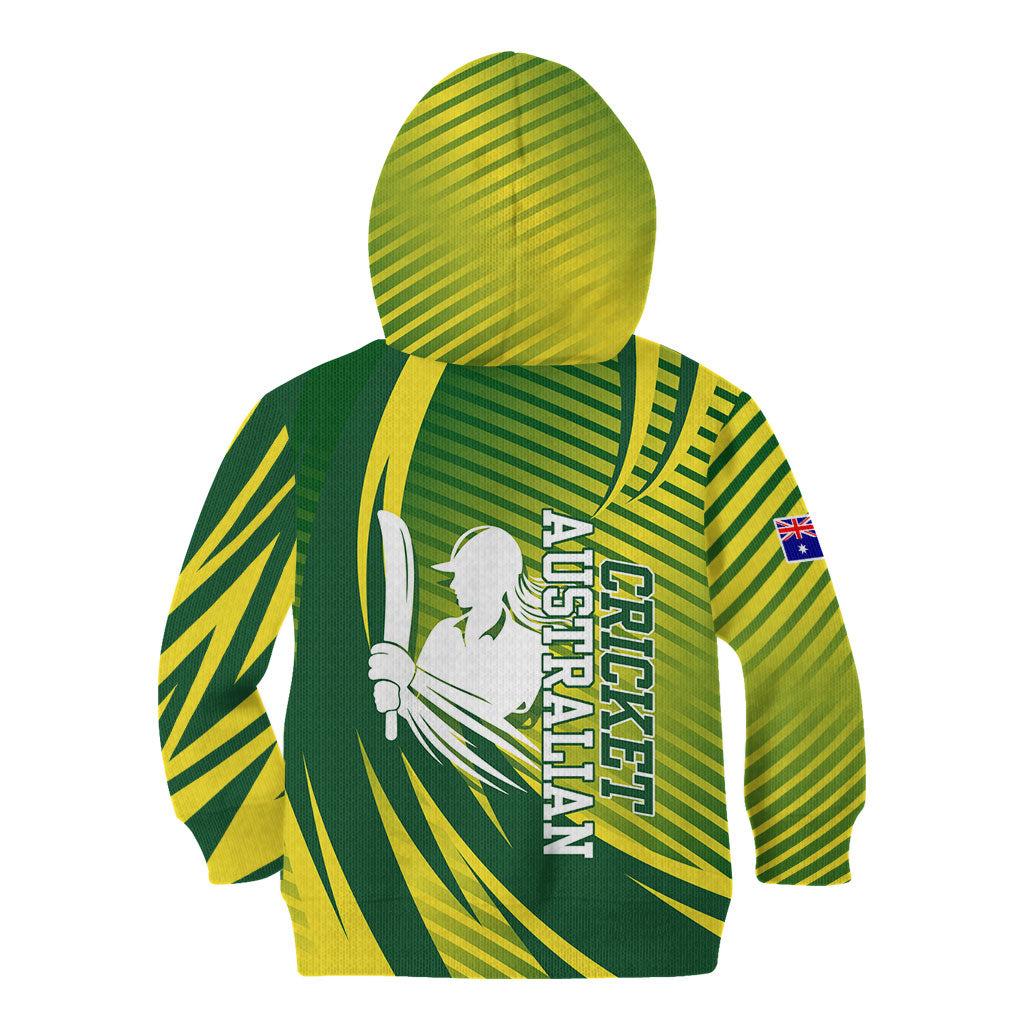 Australian Cricket Kid Hoodie Dynamic Stripe Graphic With Player Silhouette