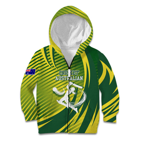 Australian Cricket Kid Hoodie Dynamic Stripe Graphic With Player Silhouette