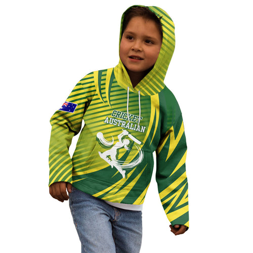 Australian Cricket Kid Hoodie Dynamic Stripe Graphic With Player Silhouette