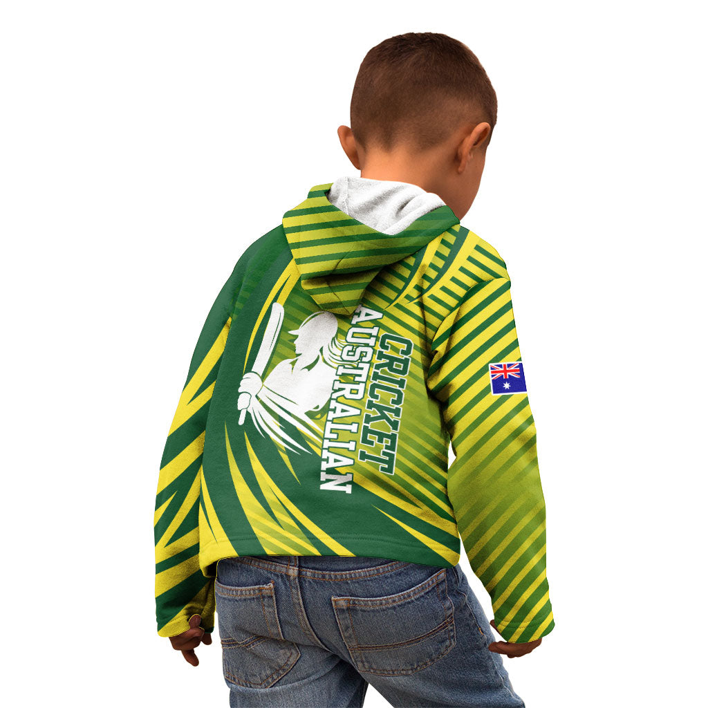 Australian Cricket Kid Hoodie Dynamic Stripe Graphic With Player Silhouette