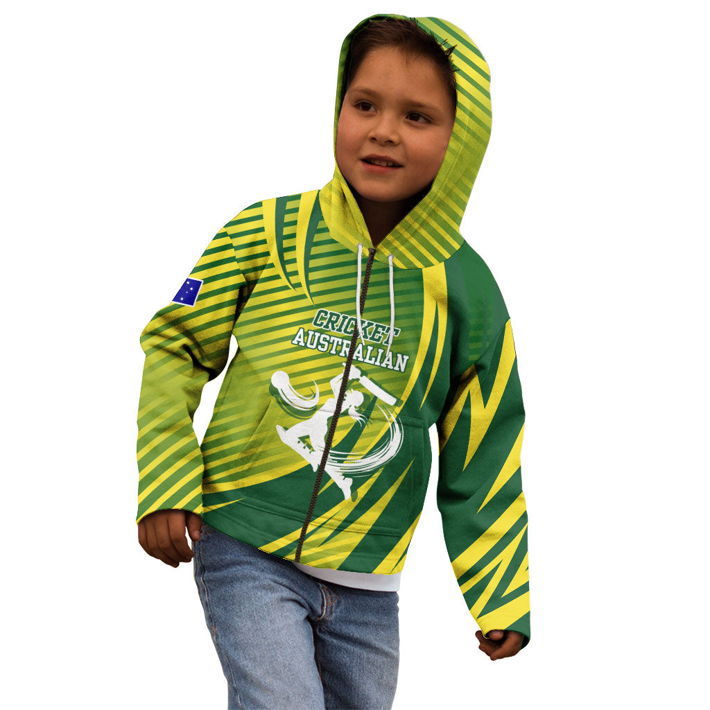 Australian Cricket Kid Hoodie Dynamic Stripe Graphic With Player Silhouette