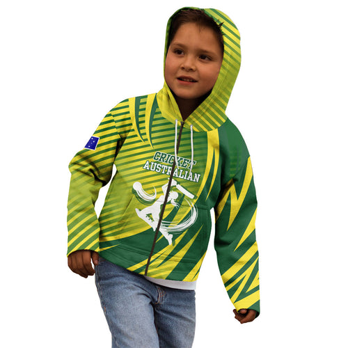 Australian Cricket Kid Hoodie Dynamic Stripe Graphic With Player Silhouette