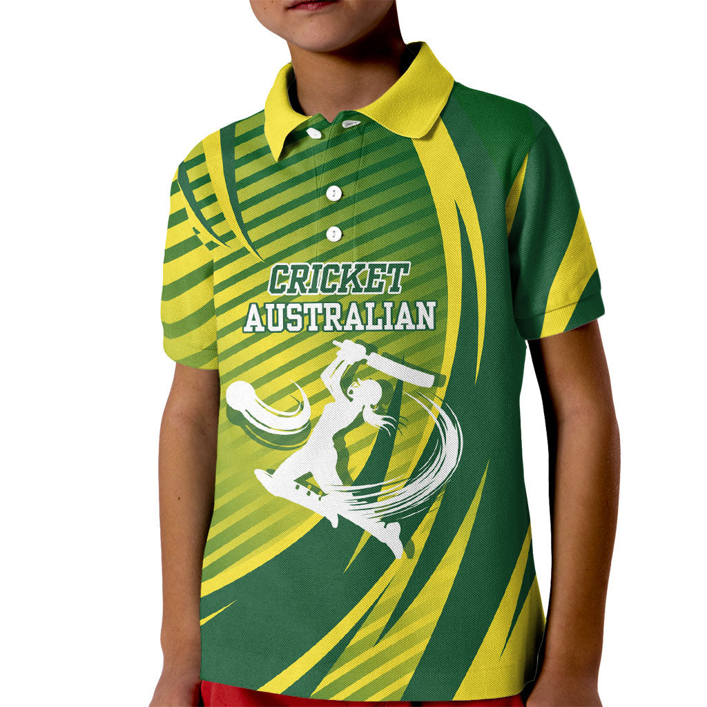 Australian Cricket Kid Polo Shirt Dynamic Stripe Graphic With Player Silhouette