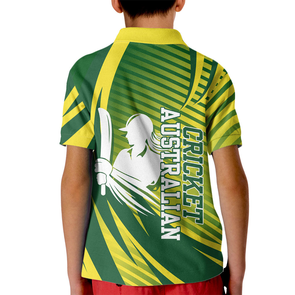 Australian Cricket Kid Polo Shirt Dynamic Stripe Graphic With Player Silhouette