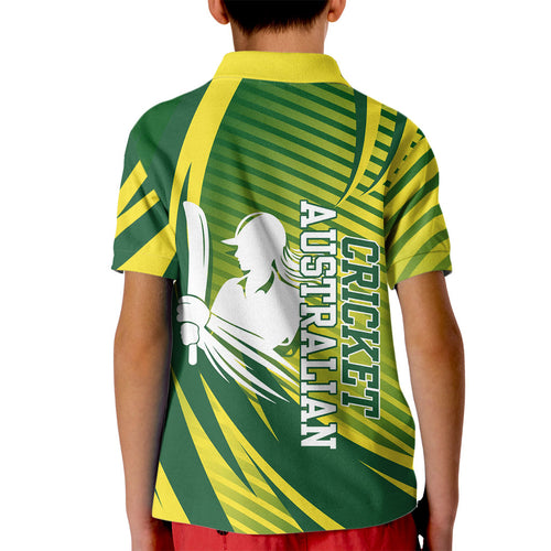 Australian Cricket Kid Polo Shirt Dynamic Stripe Graphic With Player Silhouette