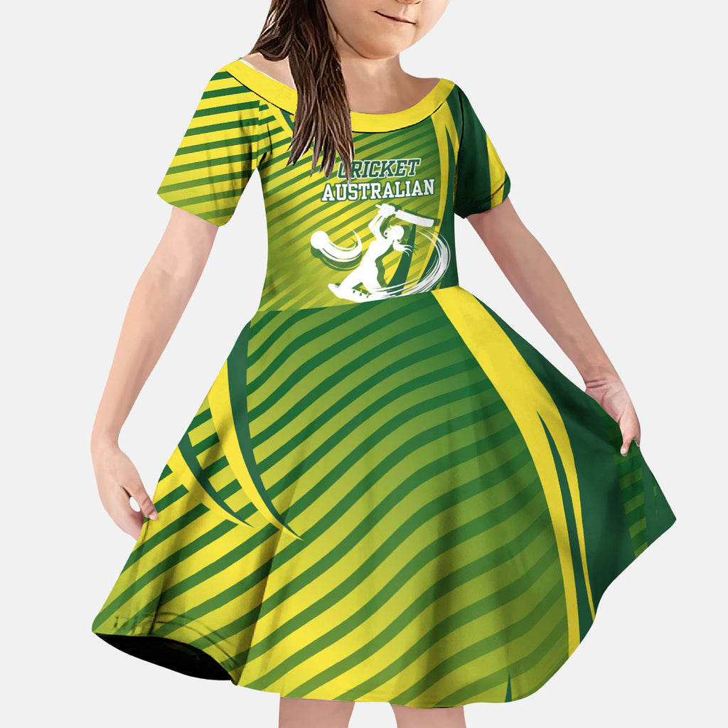 Australian Cricket Kid Short Sleeve Dress Dynamic Stripe Graphic With Player Silhouette