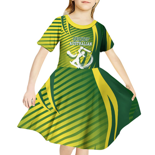 Australian Cricket Kid Short Sleeve Dress Dynamic Stripe Graphic With Player Silhouette