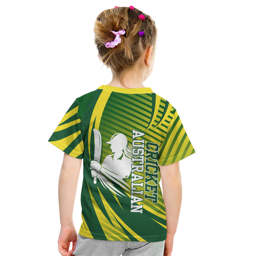 Australian Cricket Kid T Shirt Dynamic Stripe Graphic With Player Silhouette