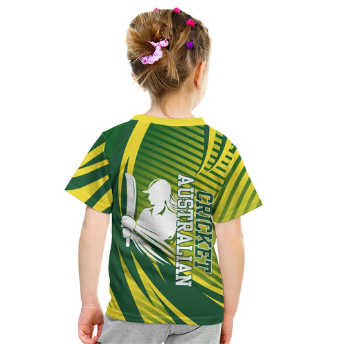 Australian Cricket Kid T Shirt Dynamic Stripe Graphic With Player Silhouette