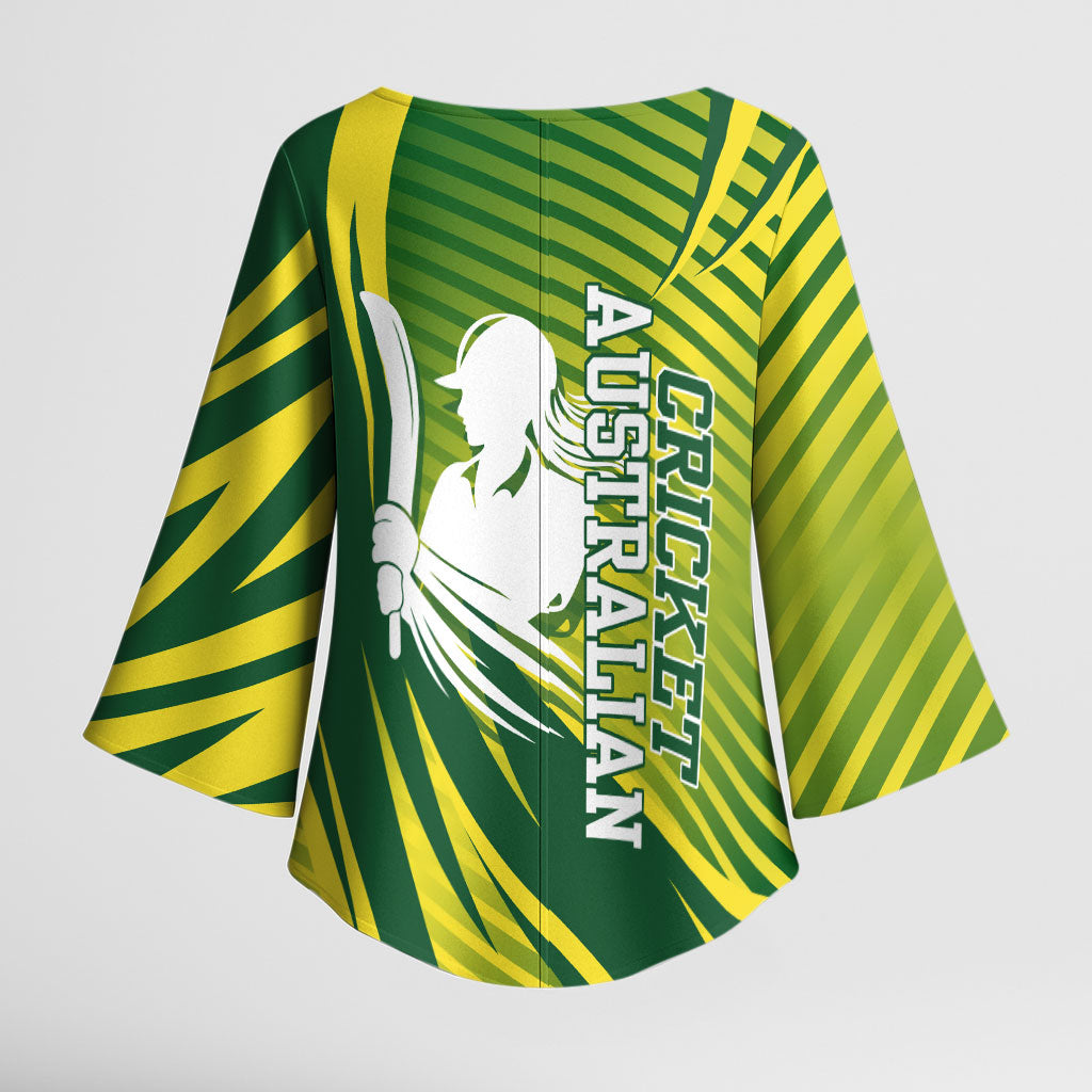 Australian Cricket Kimono Sleeve Blouse Dynamic Stripe Graphic With Player Silhouette