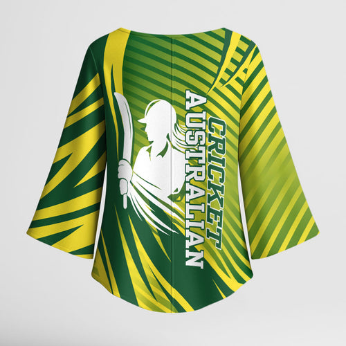 Australian Cricket Kimono Sleeve Blouse Dynamic Stripe Graphic With Player Silhouette