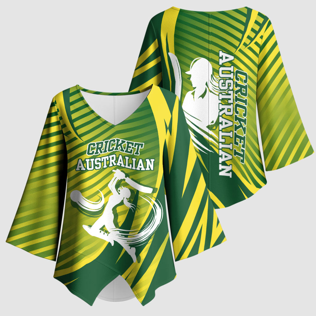 Australian Cricket Kimono Sleeve Blouse Dynamic Stripe Graphic With Player Silhouette