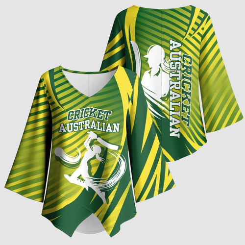 Australian Cricket Kimono Sleeve Blouse Dynamic Stripe Graphic With Player Silhouette