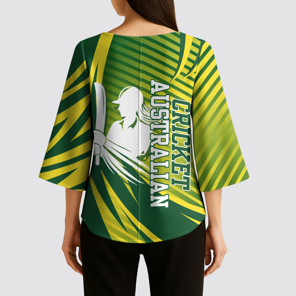 Australian Cricket Kimono Sleeve Blouse Dynamic Stripe Graphic With Player Silhouette