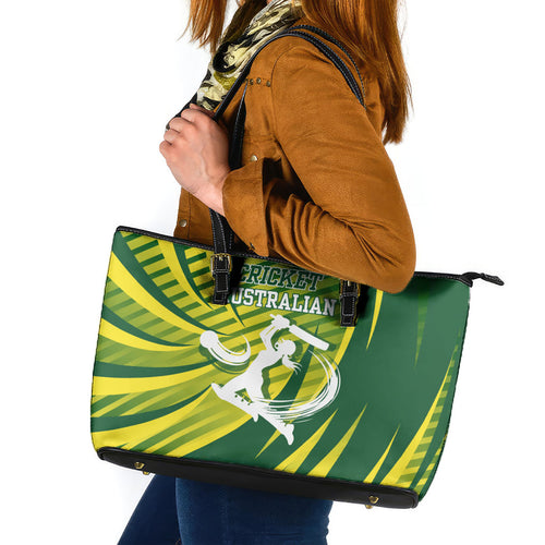 Australian Cricket Leather Tote Bag Dynamic Stripe Graphic With Player Silhouette
