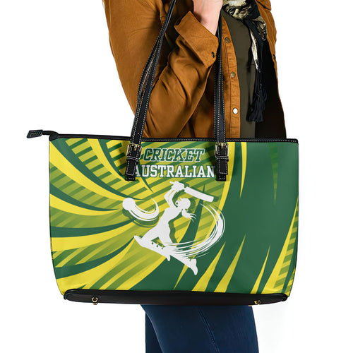 Australian Cricket Leather Tote Bag Dynamic Stripe Graphic With Player Silhouette