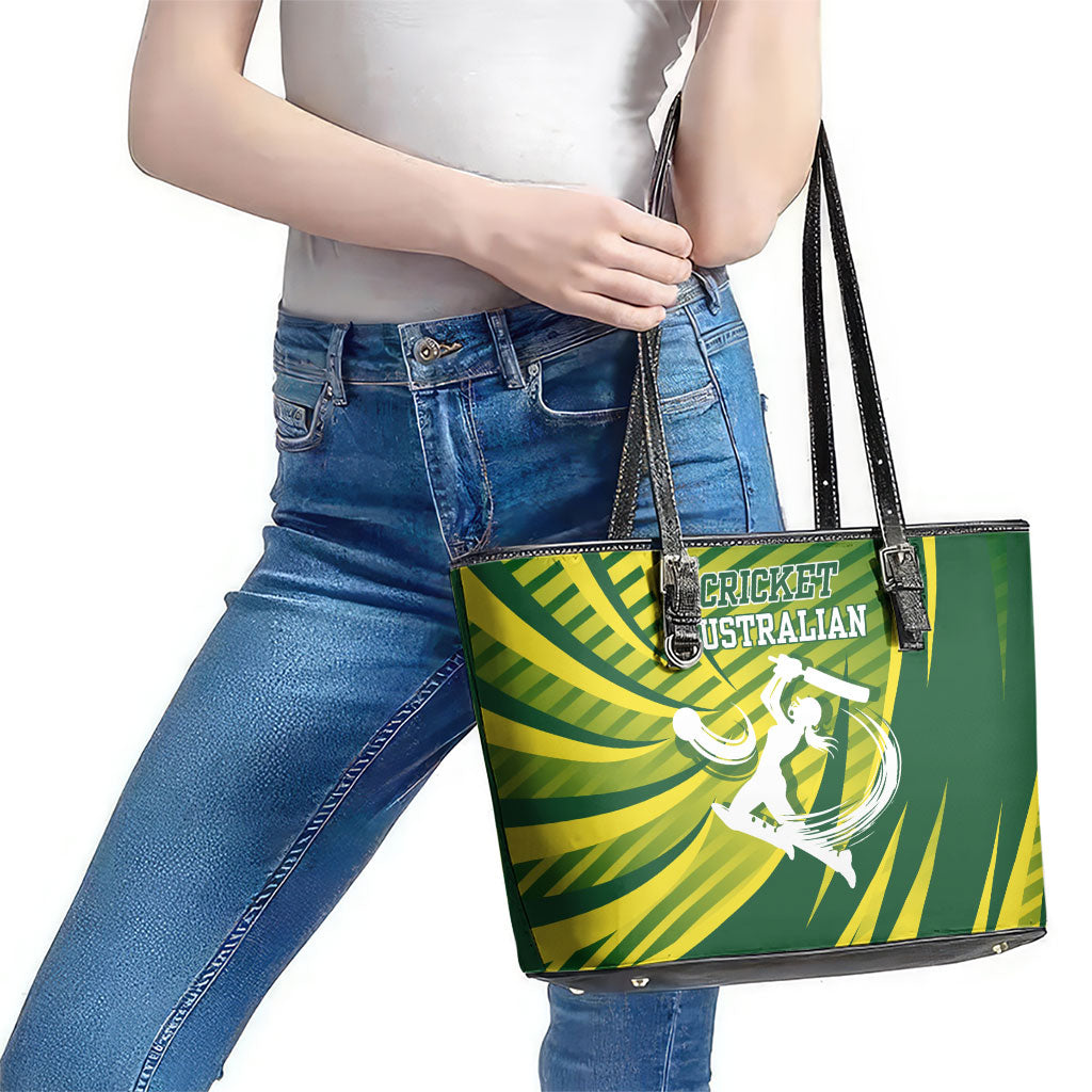 Australian Cricket Leather Tote Bag Dynamic Stripe Graphic With Player Silhouette