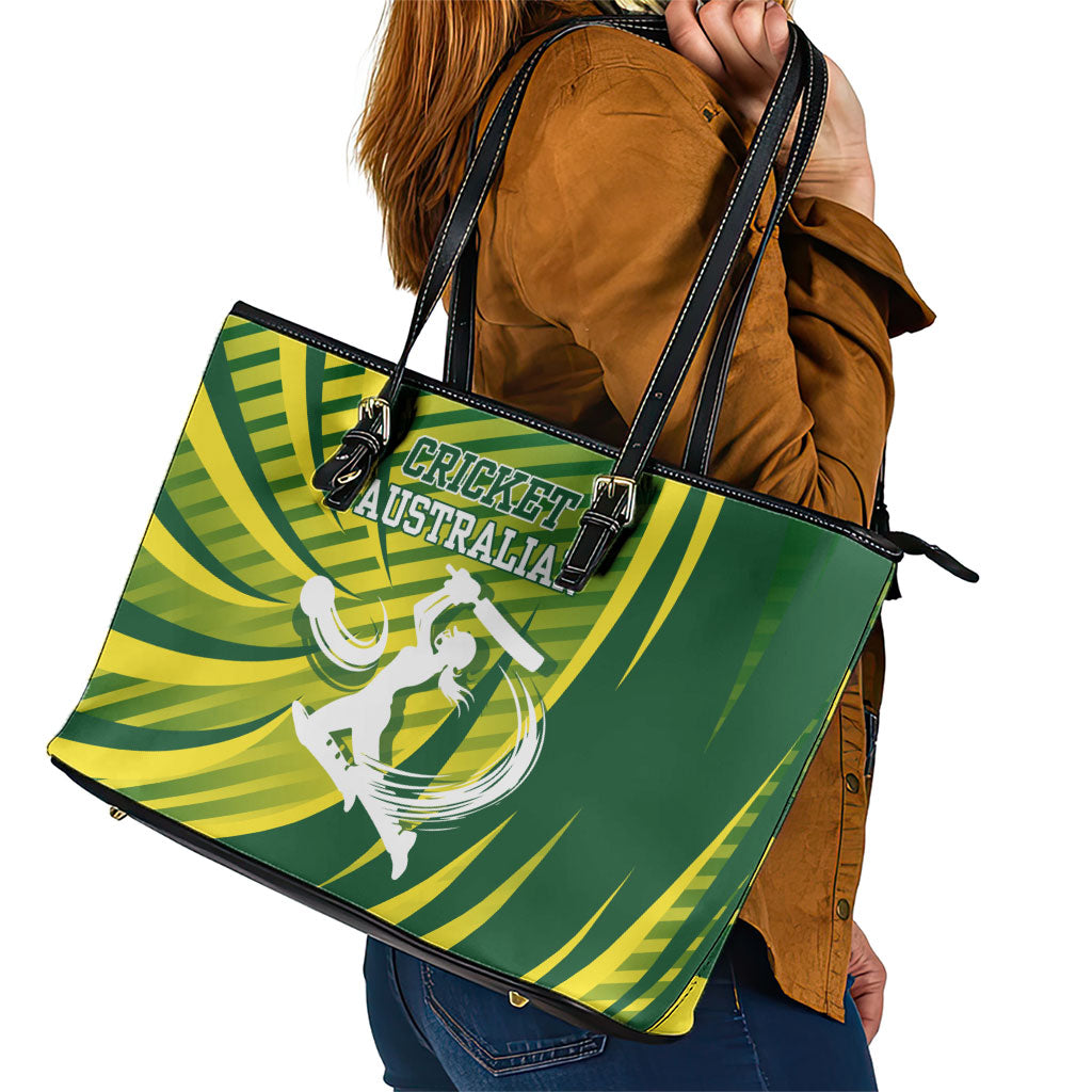 Australian Cricket Leather Tote Bag Dynamic Stripe Graphic With Player Silhouette