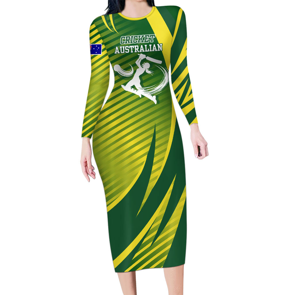 Australian Cricket Long Sleeve Bodycon Dress Dynamic Stripe Graphic With Player Silhouette