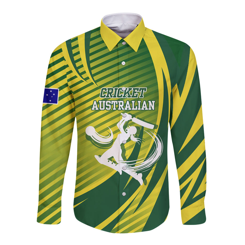 Australian Cricket Long Sleeve Button Shirt Dynamic Stripe Graphic With Player Silhouette