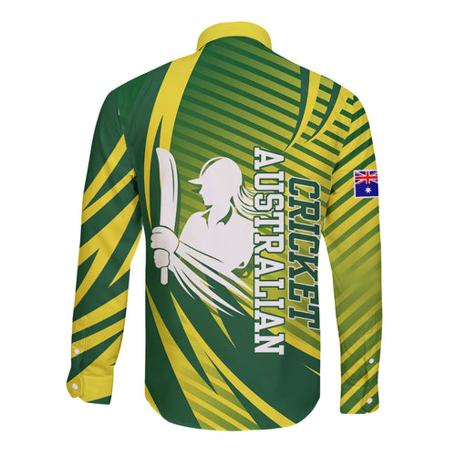 Australian Cricket Long Sleeve Button Shirt Dynamic Stripe Graphic With Player Silhouette