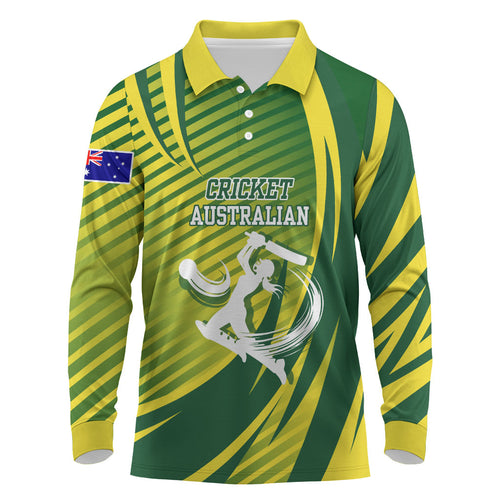 Australian Cricket Long Sleeve Polo Shirt Dynamic Stripe Graphic With Player Silhouette