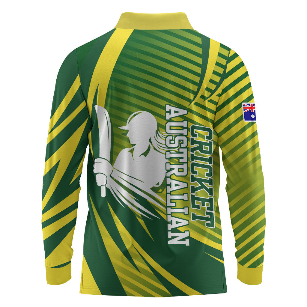 Australian Cricket Long Sleeve Polo Shirt Dynamic Stripe Graphic With Player Silhouette