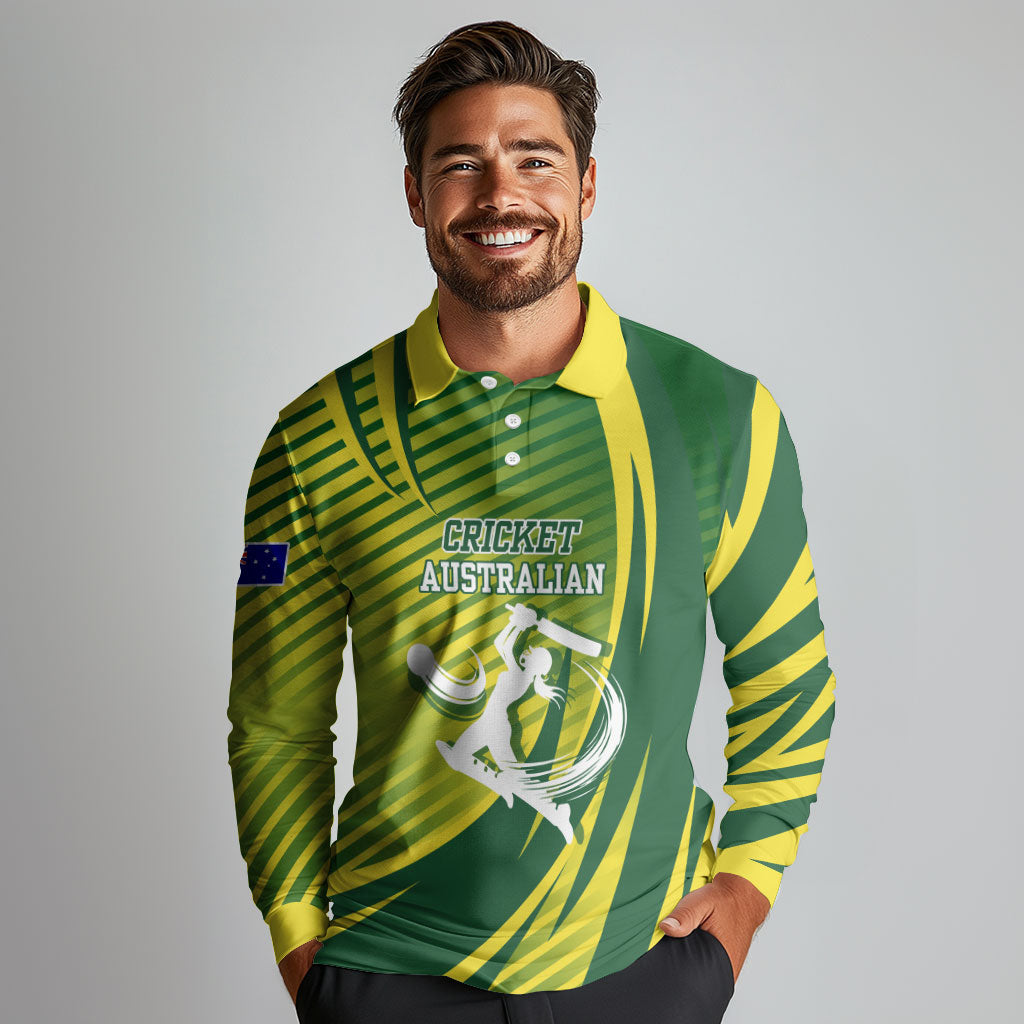Australian Cricket Long Sleeve Polo Shirt Dynamic Stripe Graphic With Player Silhouette