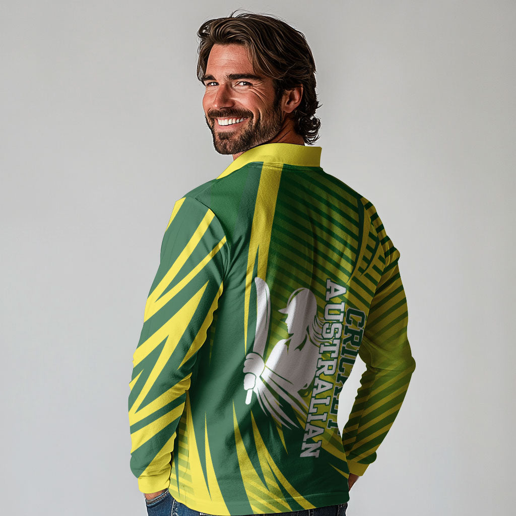 Australian Cricket Long Sleeve Polo Shirt Dynamic Stripe Graphic With Player Silhouette