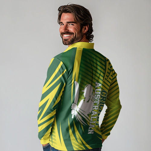 Australian Cricket Long Sleeve Polo Shirt Dynamic Stripe Graphic With Player Silhouette
