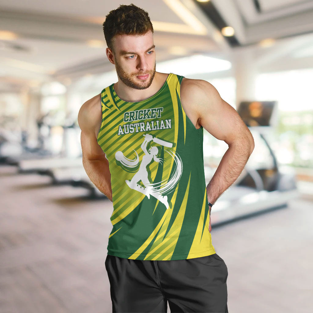 Australian Cricket Men Tank Top Dynamic Stripe Graphic With Player Silhouette