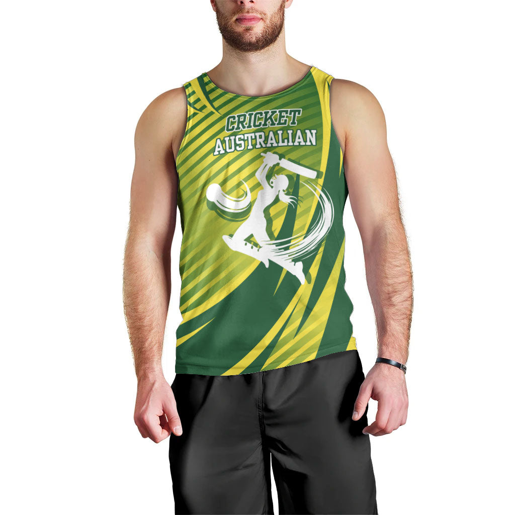Australian Cricket Men Tank Top Dynamic Stripe Graphic With Player Silhouette