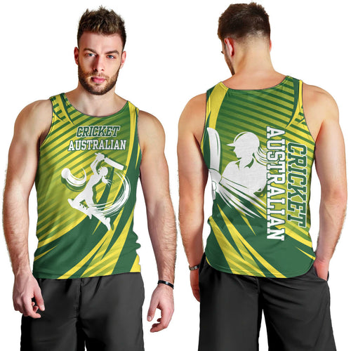 Australian Cricket Men Tank Top Dynamic Stripe Graphic With Player Silhouette