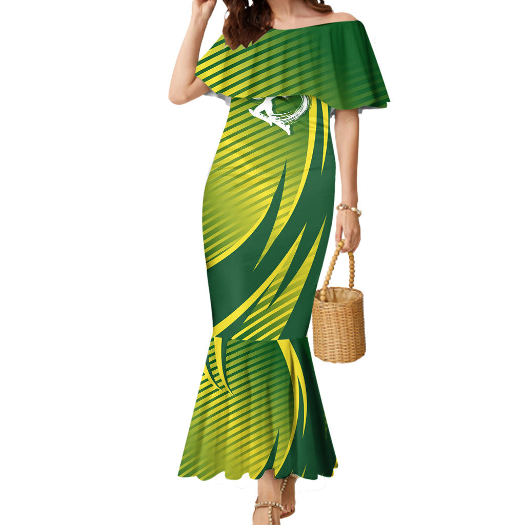 Australian Cricket Mermaid Dress Dynamic Stripe Graphic With Player Silhouette