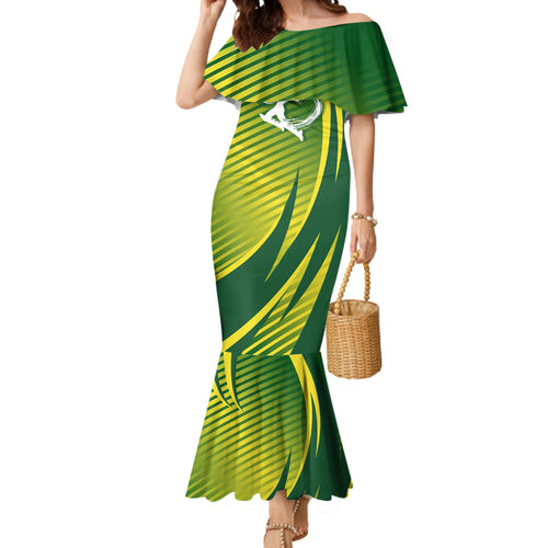 Australian Cricket Mermaid Dress Dynamic Stripe Graphic With Player Silhouette