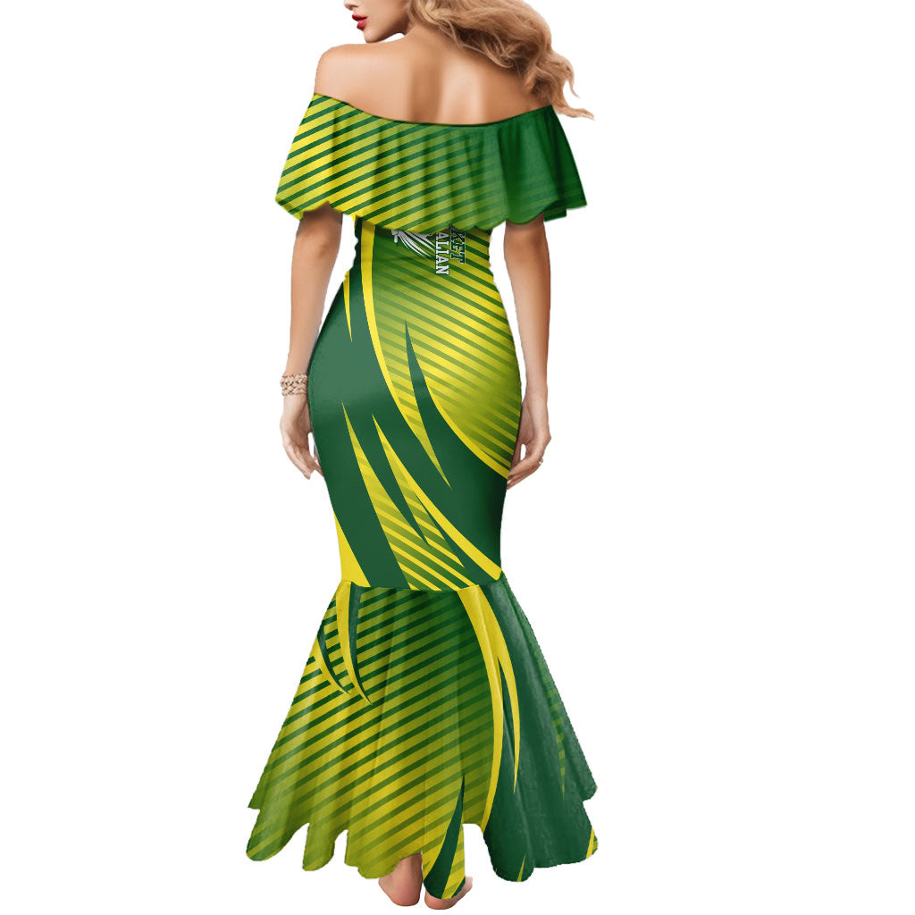 Australian Cricket Mermaid Dress Dynamic Stripe Graphic With Player Silhouette