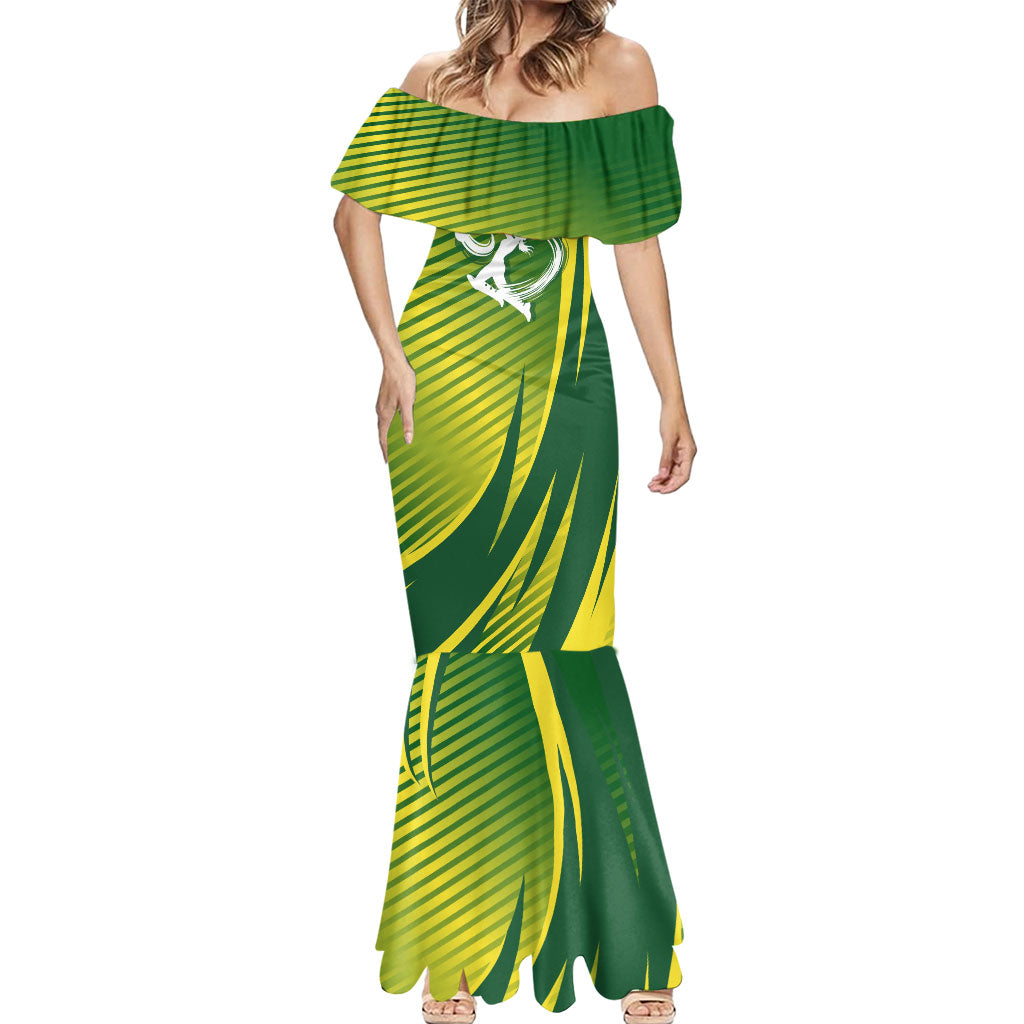 Australian Cricket Mermaid Dress Dynamic Stripe Graphic With Player Silhouette