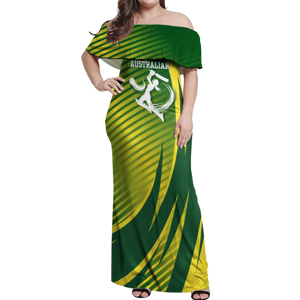 Australian Cricket Off Shoulder Maxi Dress Dynamic Stripe Graphic With Player Silhouette