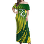 Australian Cricket Off Shoulder Maxi Dress Dynamic Stripe Graphic With Player Silhouette