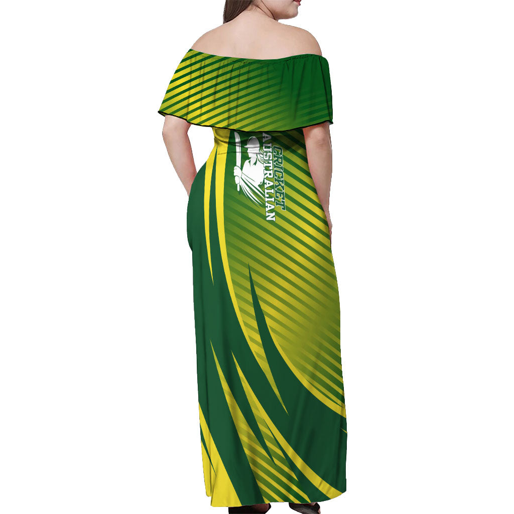 Australian Cricket Off Shoulder Maxi Dress Dynamic Stripe Graphic With Player Silhouette