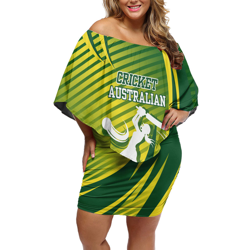 Australian Cricket Off Shoulder Short Dress Dynamic Stripe Graphic With Player Silhouette