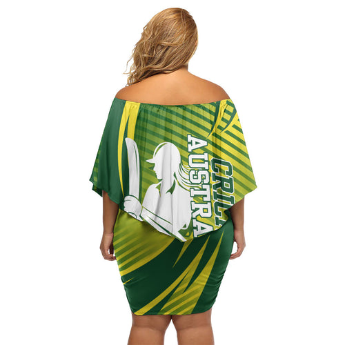 Australian Cricket Off Shoulder Short Dress Dynamic Stripe Graphic With Player Silhouette