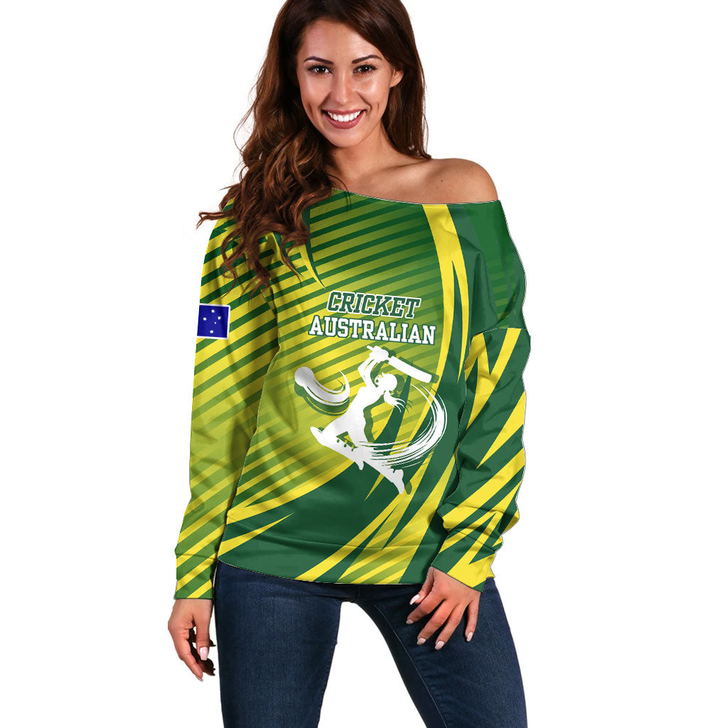 Australian Cricket Off Shoulder Sweater Dynamic Stripe Graphic With Player Silhouette