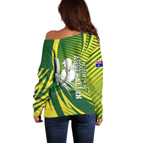 Australian Cricket Off Shoulder Sweater Dynamic Stripe Graphic With Player Silhouette