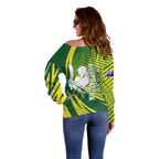 Australian Cricket Off Shoulder Sweater Dynamic Stripe Graphic With Player Silhouette