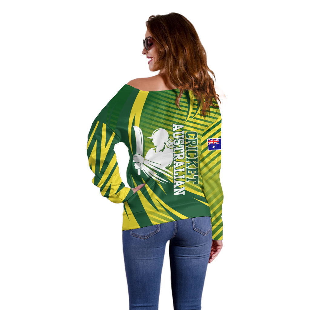 Australian Cricket Off Shoulder Sweater Dynamic Stripe Graphic With Player Silhouette